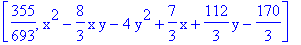 [355/693, x^2-8/3*x*y-4*y^2+7/3*x+112/3*y-170/3]